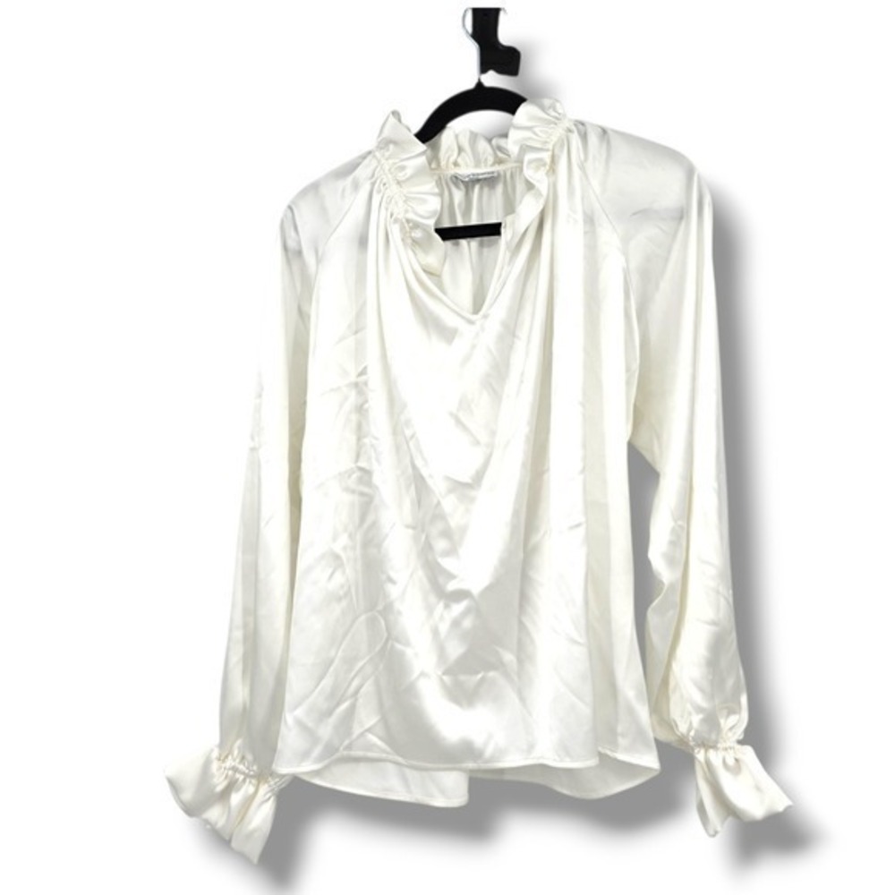 Chloe Kristyn Ruffle Blouse‎ Mock Neck Long Sleeve Top White Medium